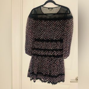 DVF dress- Size 0 - Navy with red/cream dot print and black lace detail